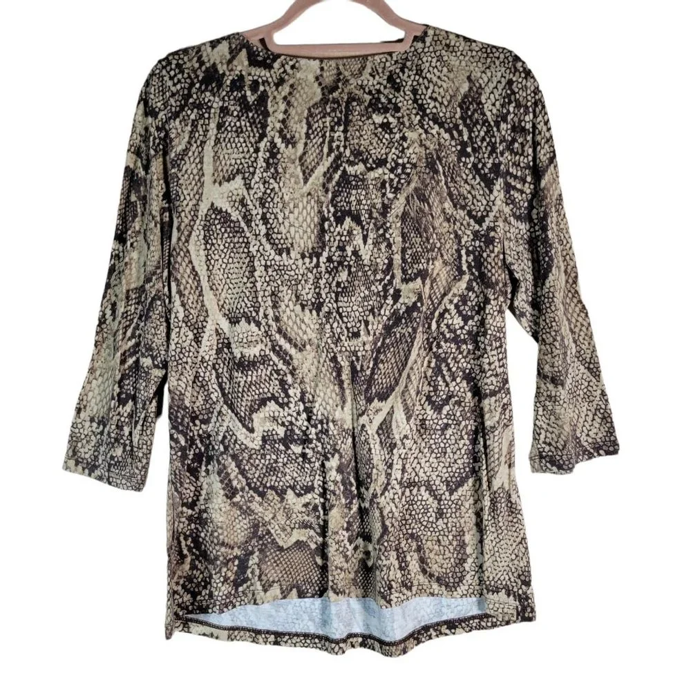 LIZ CLAIBORNE Brown Snake Animal Print V Neck Shirt Women Size L - Picture 2 of 9